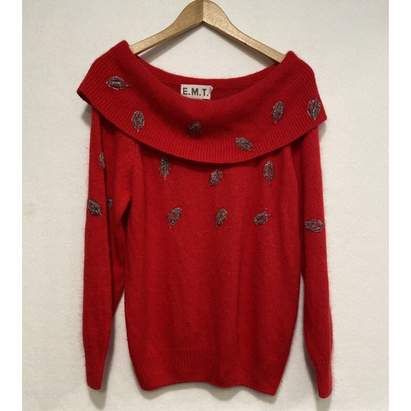 Vintage Soft Red Silk‎ Wool Angora Blend Beaded Leaves Off Shoulder Sweater Sz L - Picture 2 of 9